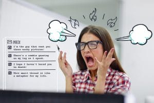 a woman wearing glasses is screaming in front of a computer screen