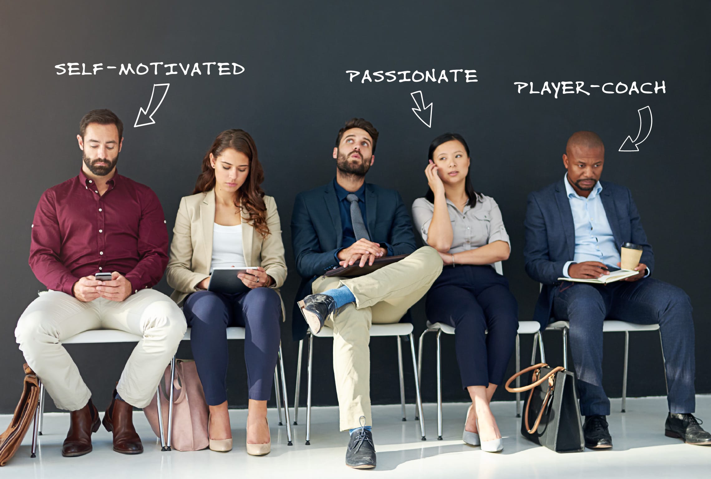 a group of people sitting in a row with the words self-motivated passionate and player-coach written on the wall behind them
