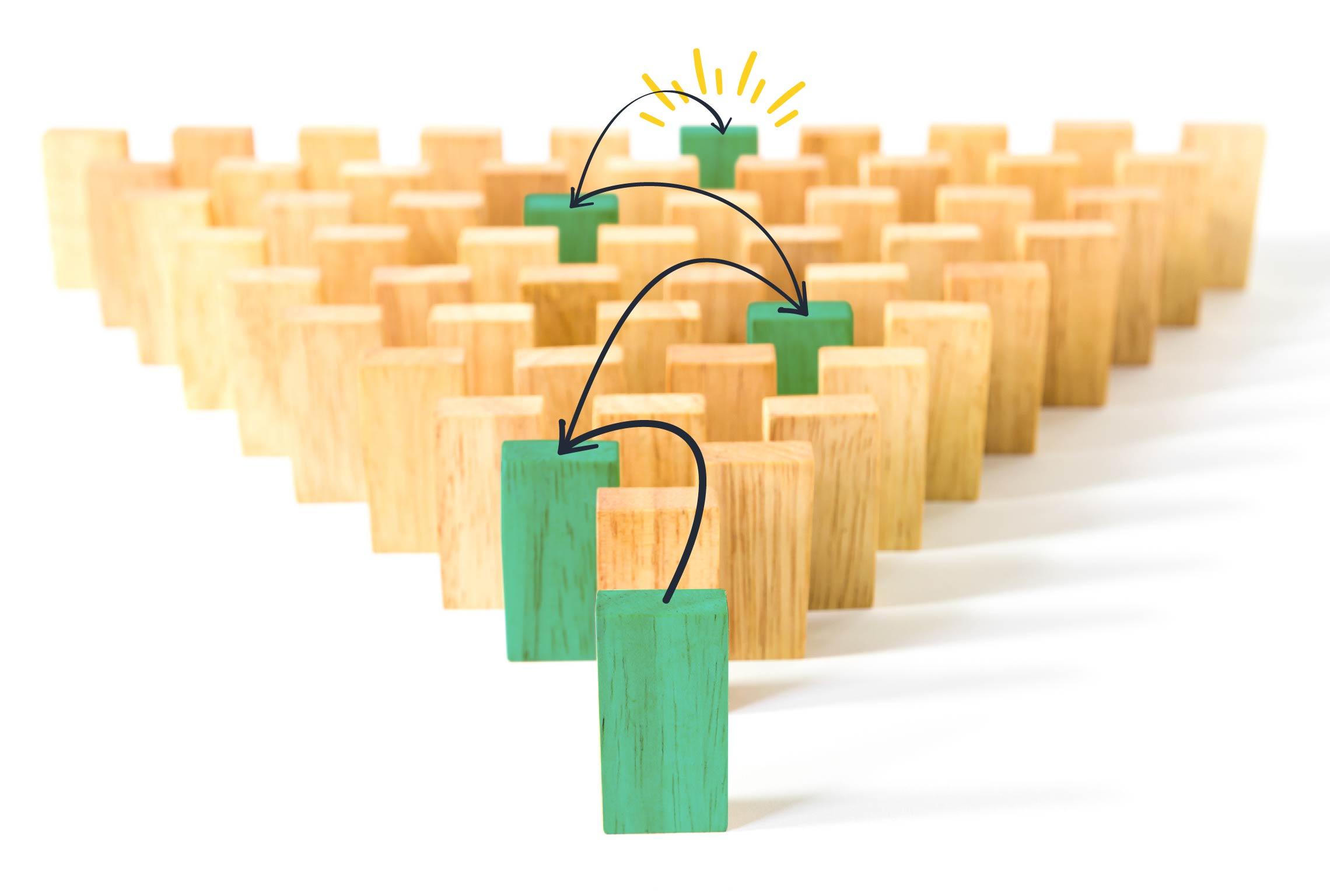 a row of wooden dominoes with green blocks connected to each other