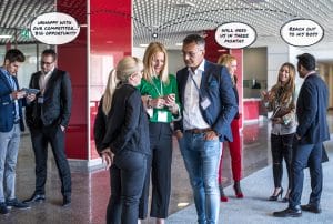 a group of people standing in a hallway with speech bubbles that say unhappy with our competitor... big opportunity; will need us in three months; reach out to his boss