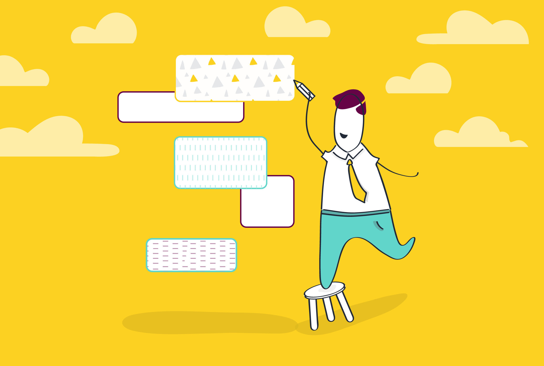 an illustration of a man standing on a stool writing on a yellow background