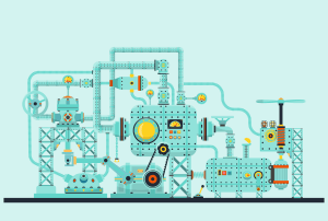 a cartoon illustration of a machine with a blue background