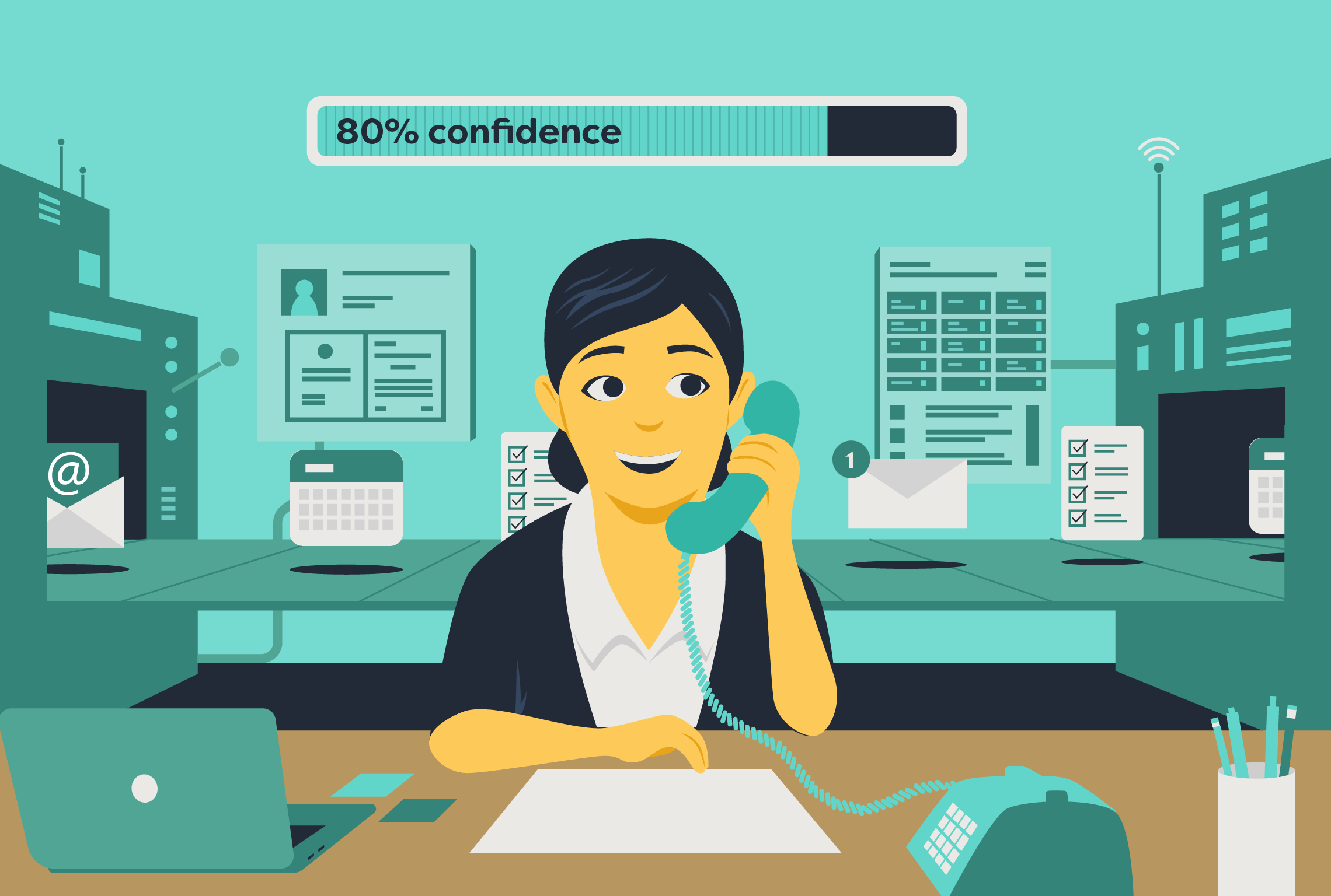 an illustration of a woman talking on a phone with 80% confidence