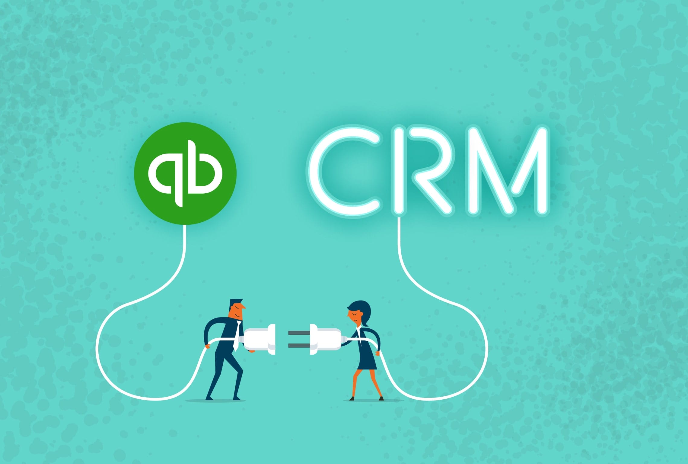 an illustration of a man and a woman plugging in a plug with the word CRM behind them