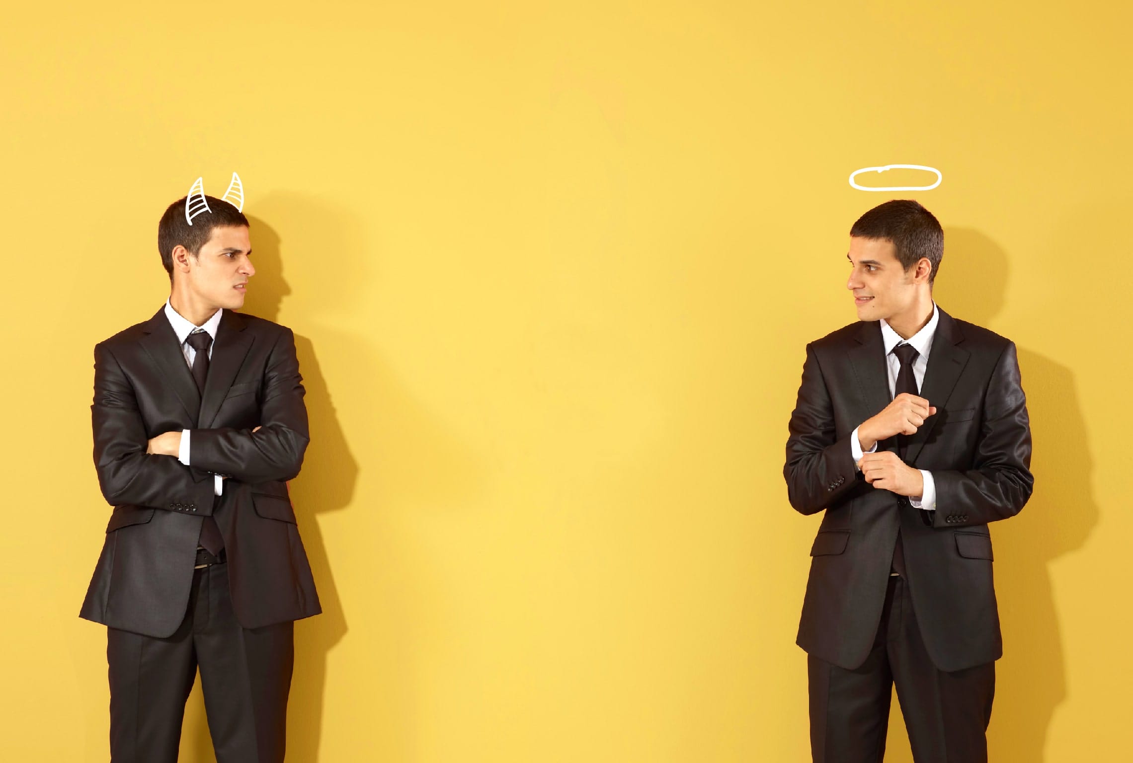 a man in a suit has devil horns on his head next to a man in a suit with an angel halo on his head