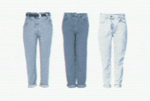 three different shades of blue jeans on a white background