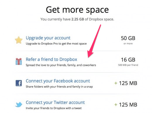 Dropbox B2B referral program to get more space