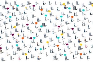 a large group of people with speech bubbles on their heads