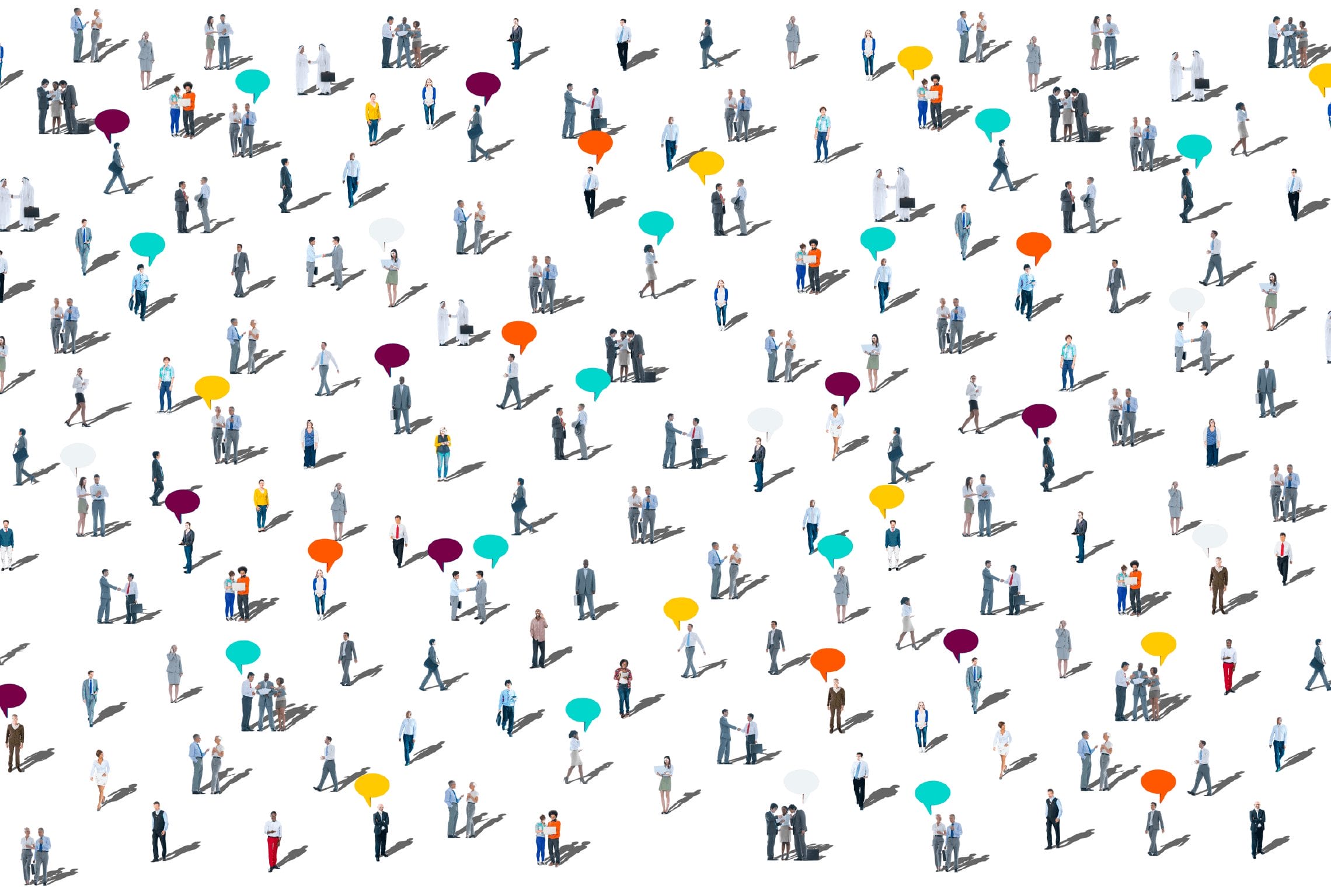 eine große Gruppe von Menschen mit Sprechblasen auf ihren Köpfen