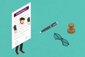 a man has his head stuck in a contract