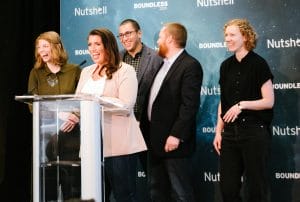 Nutshell team members standing in front of a wall that says Nutshell Boundless 2020