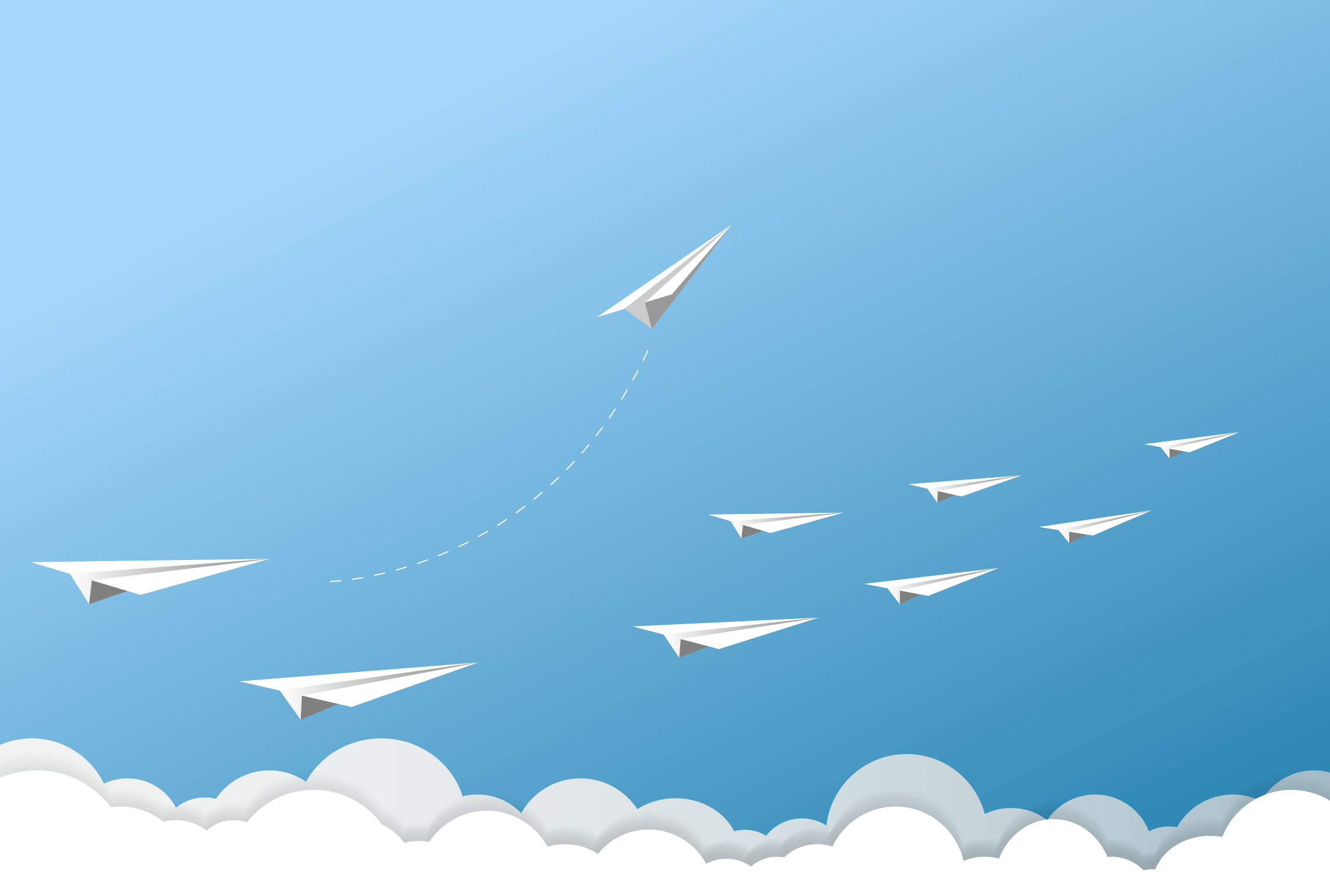 um grupo de aviões de papel a voar num céu azul