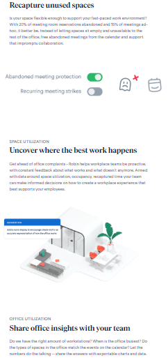a screenshot of features with the titles recapture unused spaces, uncover where the best work happens, and share office insights with your team