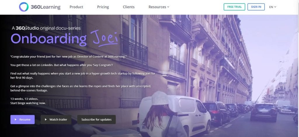 the 360learning website featuring original docu-series "onboarding joei"