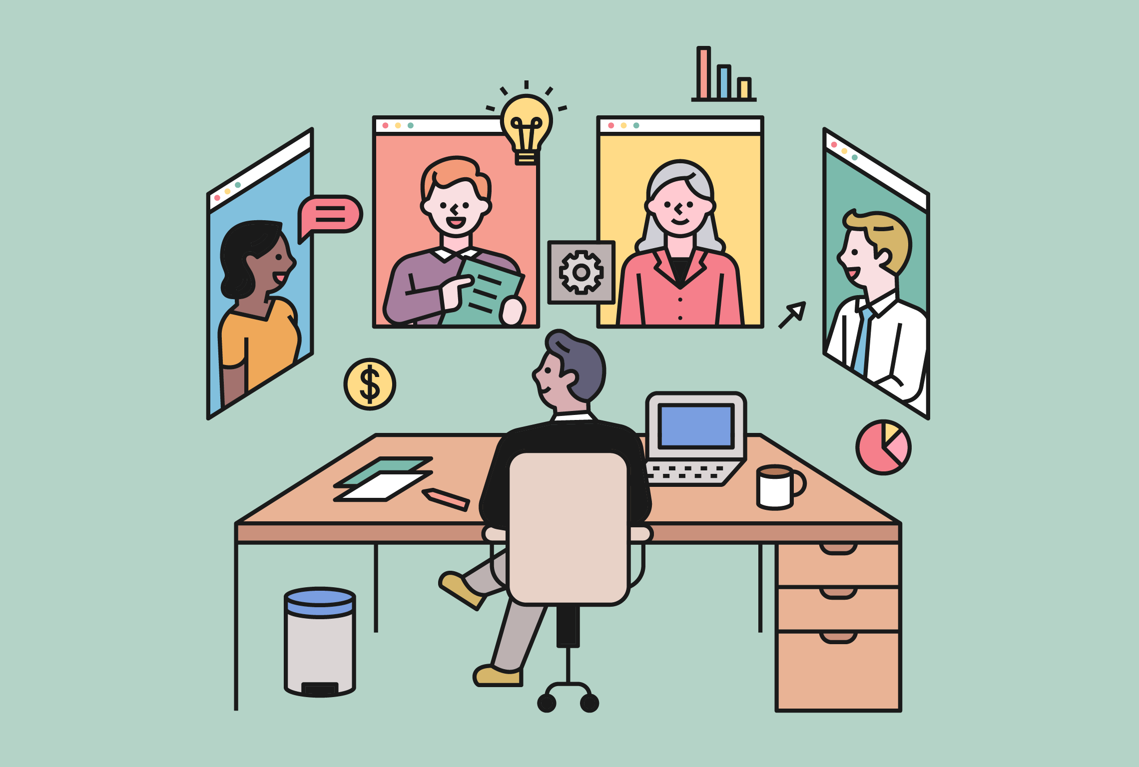 en illustration af en mand, der sidder ved et skrivebord med en bærbar computer