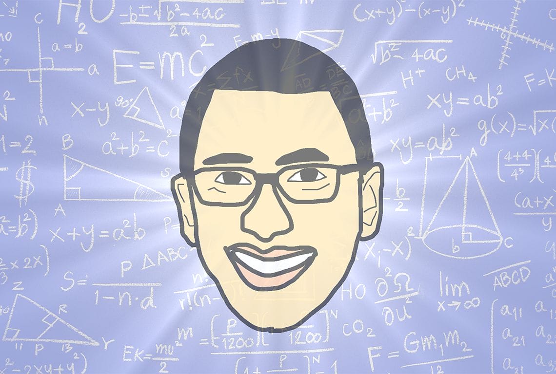 a drawing of a man surrounded by math equations including e = mc