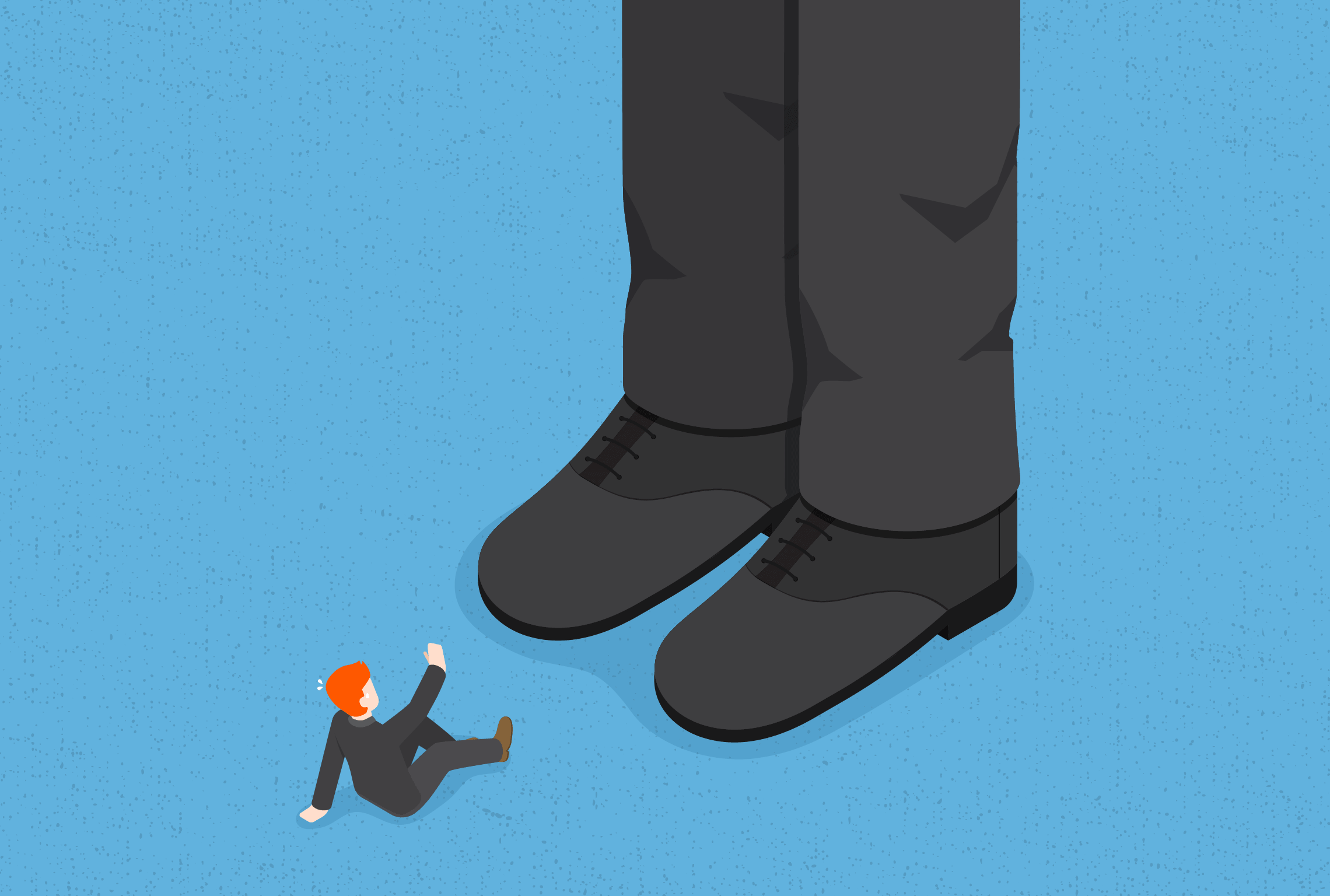 an illustration of a person nearly being crushed by a pair of giant shoes