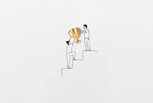 a drawing of two people holding a gold trophy