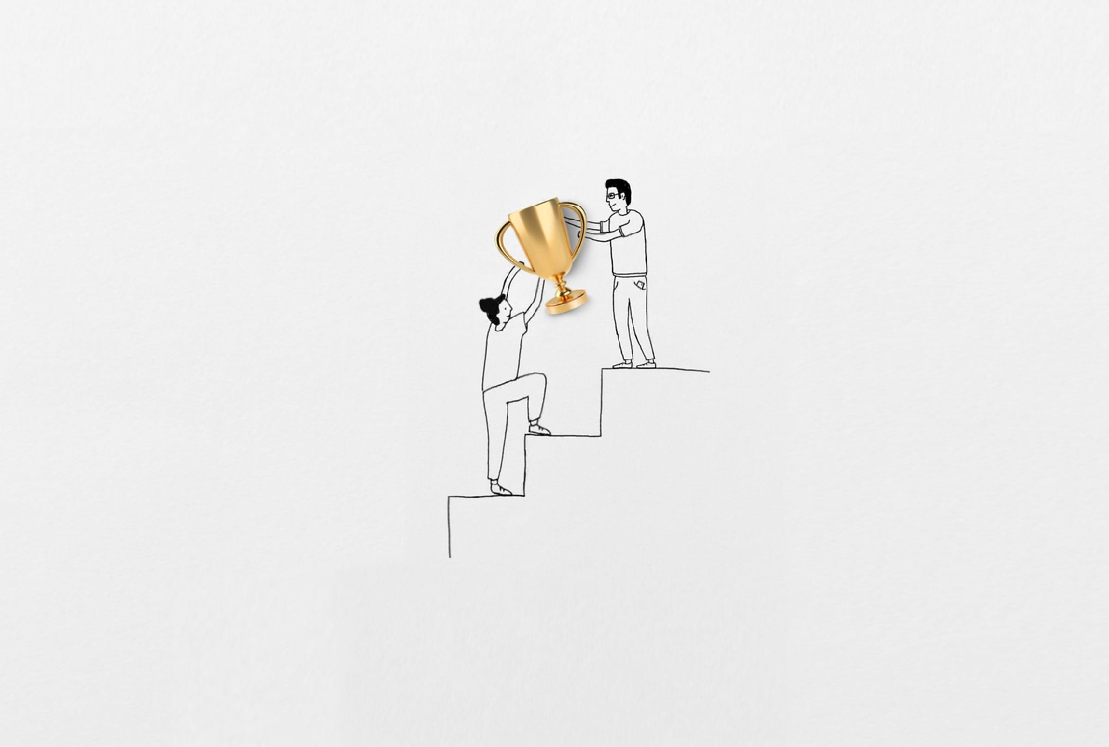 a drawing of two people holding a gold trophy