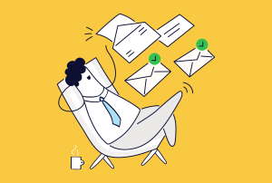 an illustration of a man sitting in a chair surrounded by envelopes and papers