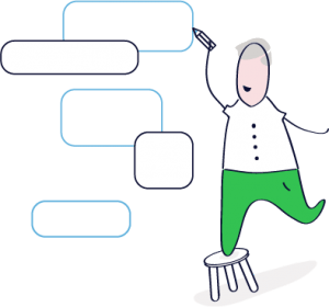 una caricatura de un hombre de pie en un taburete sosteniendo un lápiz