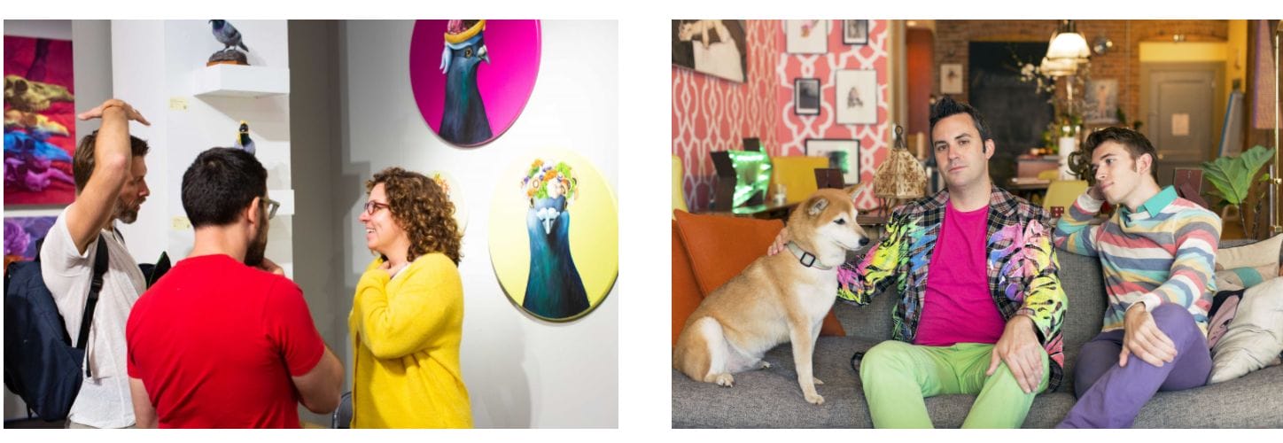 et bilde av tre personer i et kunstmuseum ved siden av et bilde av to menn som sitter i en sofa sammen med en hund