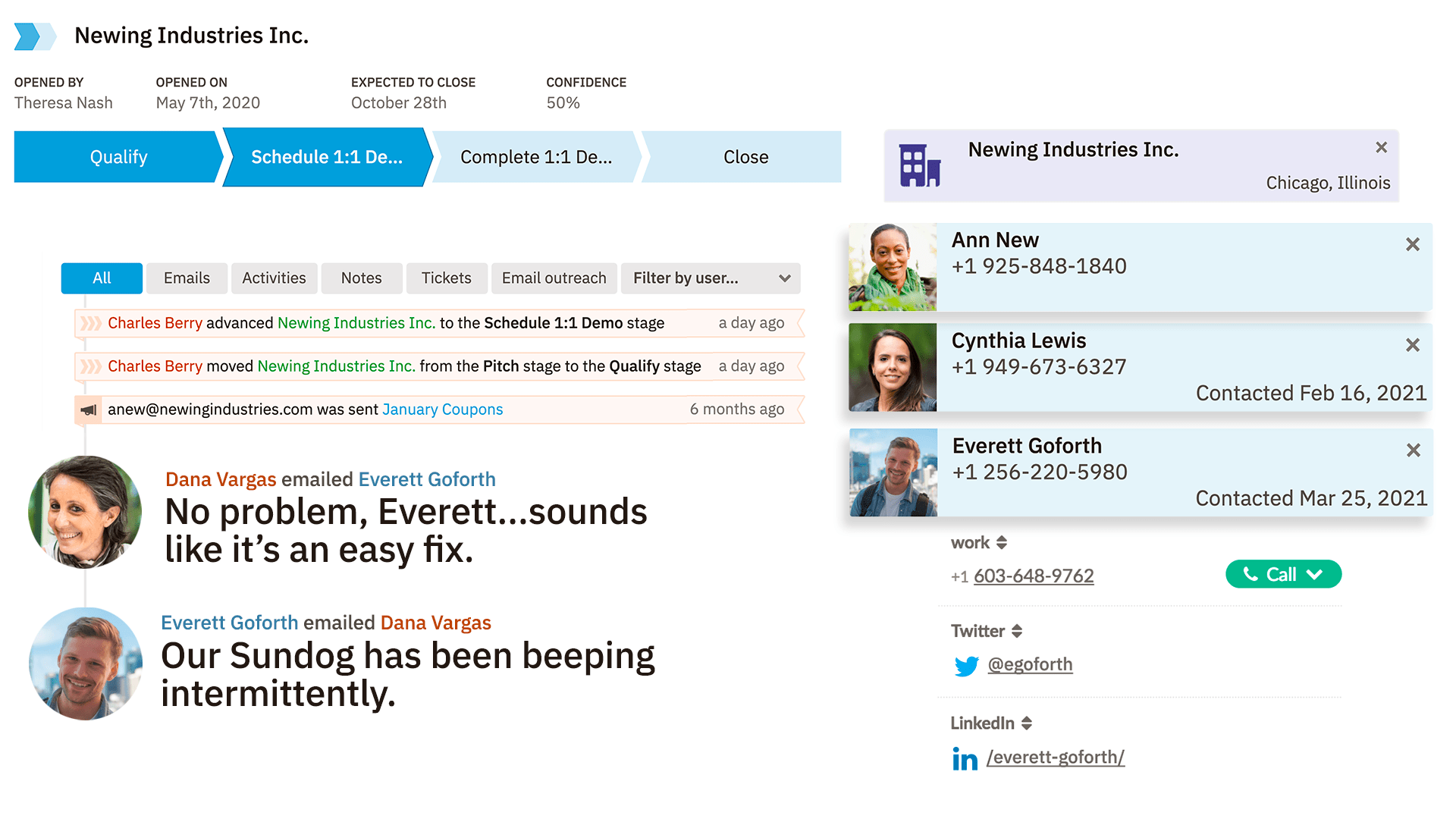 une capture d'écran d'une piste appelée Newing Industries Inc. dans Nutshell CRM