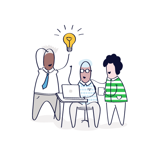 a group of people are gathered around a laptop with a light bulb above them