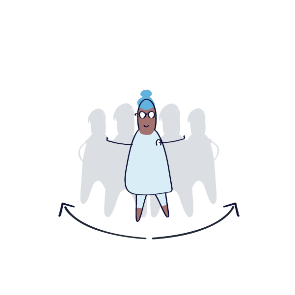 a cartoon drawing of a woman standing in front of a group of people