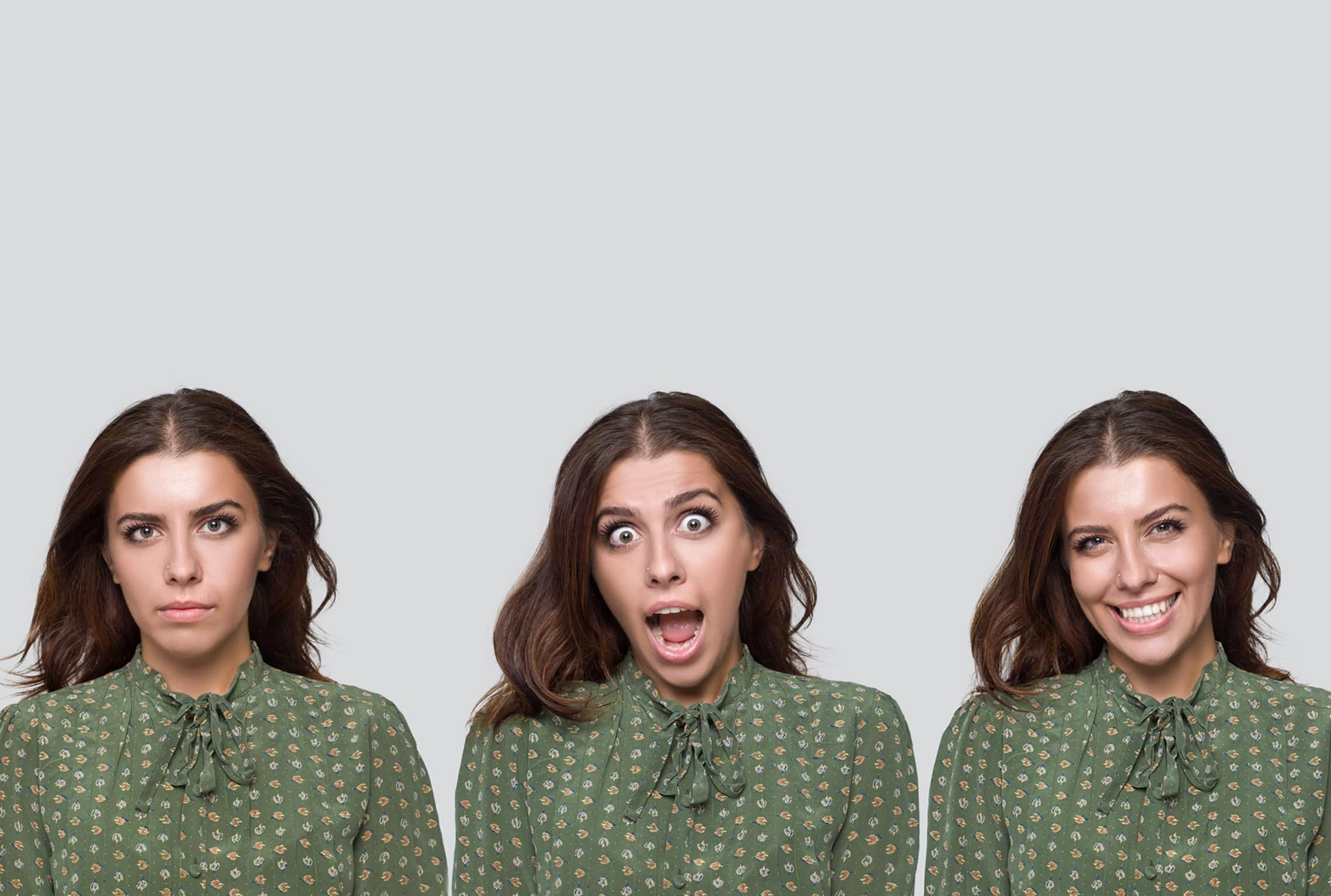 three different facial expressions of a woman in a green shirt representing a trapper, hunter and farmer in sales.