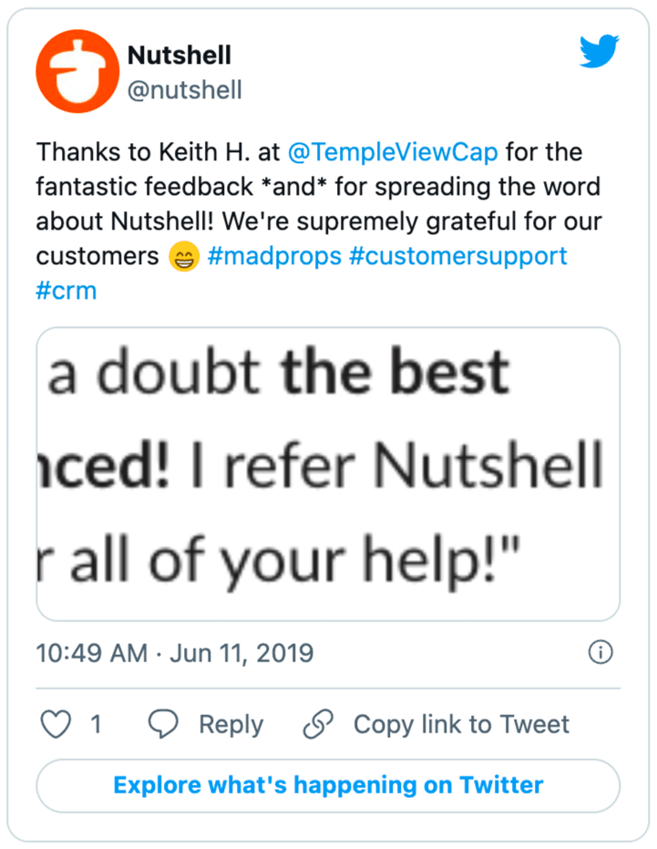 et tweet fra Nutshell , der viser en positiv brugeranmeldelse fra Keith H.