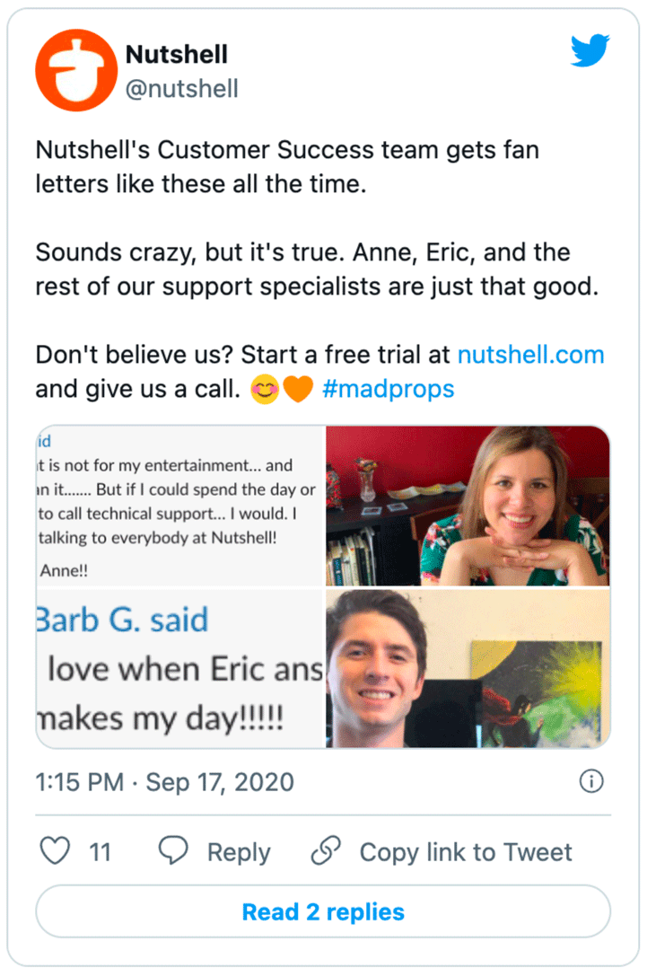 et tweet fra Nutshell om, hvordan Customer Success-teamet får fanbreve hele tiden