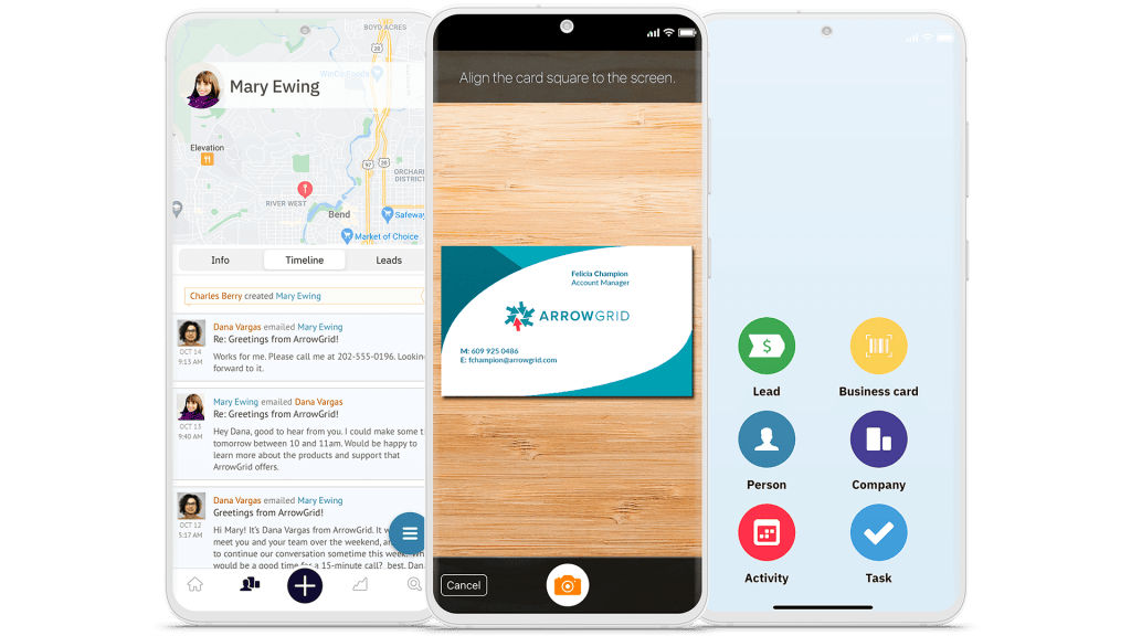 a smartphone scanning a business card for for business contact information