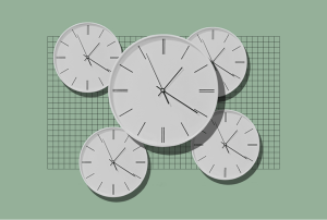 a group of white clocks with roman numerals on a green background