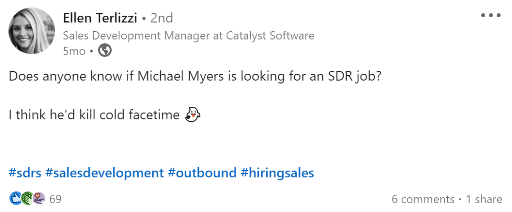 a Facebook post by ellen terlizzi asking if anyone knows if michael myers is looking for an sdr job
