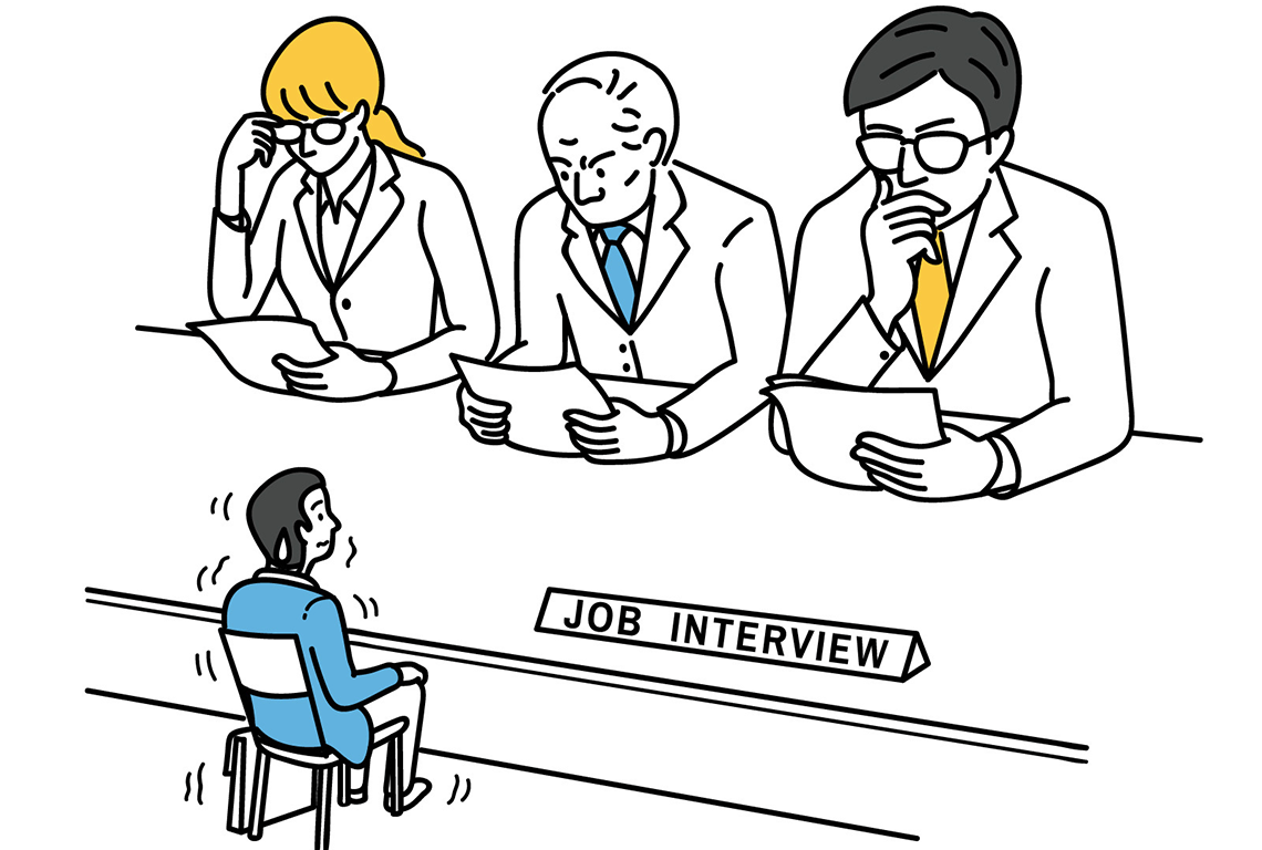 an illustration of a nervous man sitting at a job interview