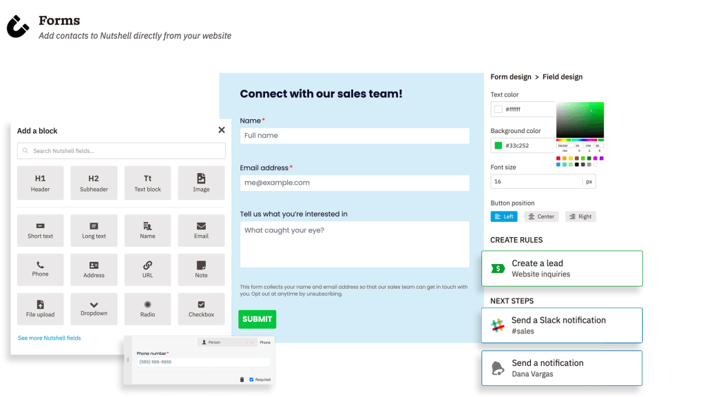 a screenshot of Nutshell Form Builder with a form that says "connect with our sales team"