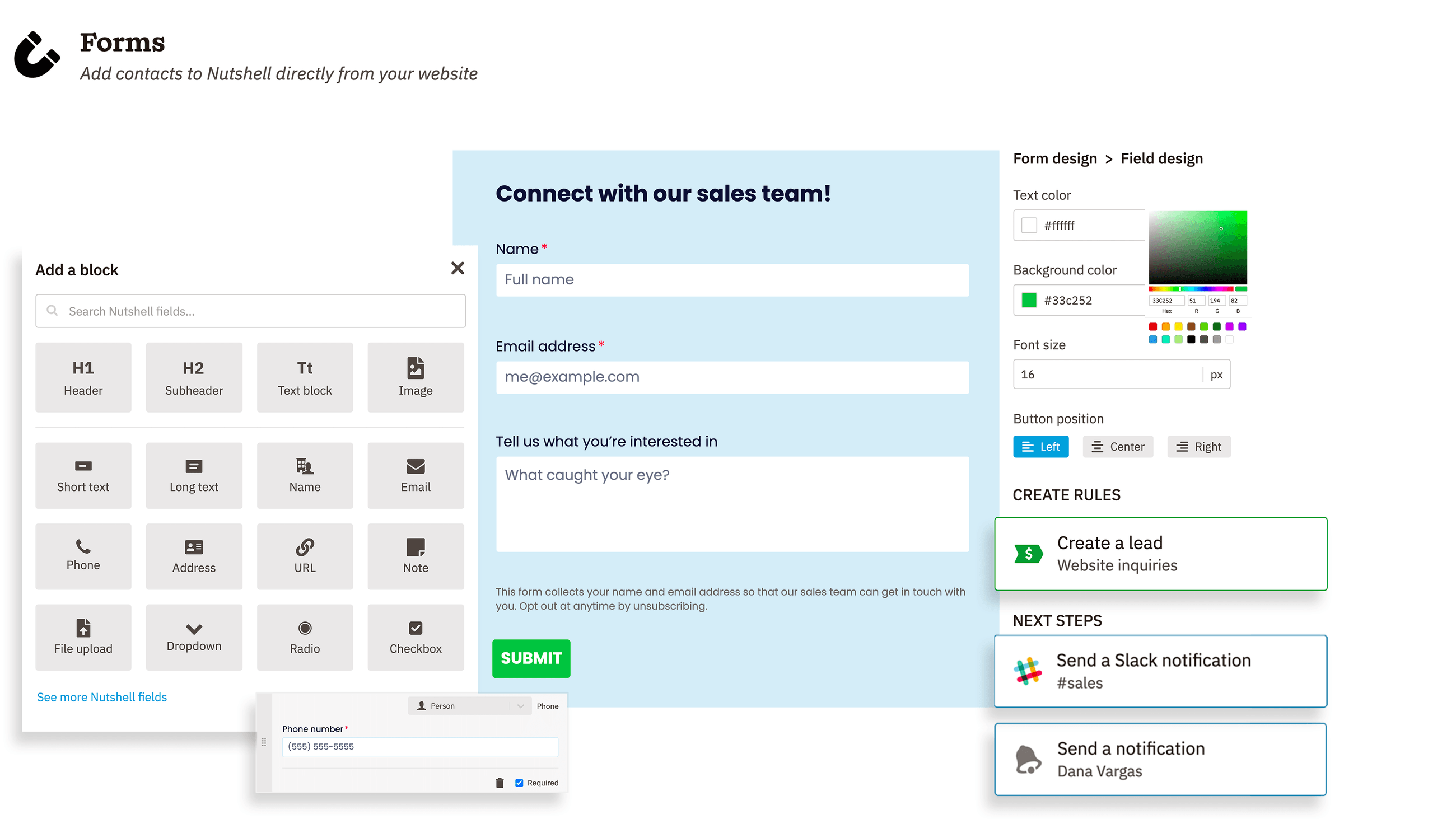 a screenshot of Nutshell Form Builder with a form that says "connect with our sales team"