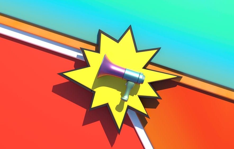 um megafone roxo está assente numa estrela amarela