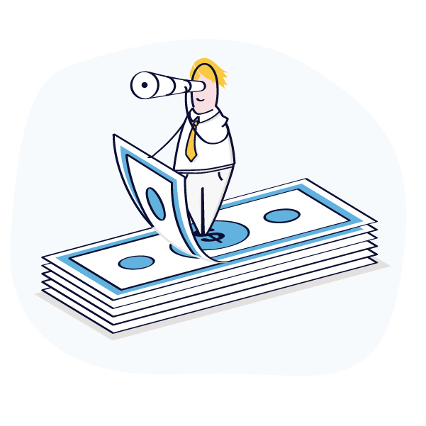 a cartoon of a man looking through a telescope on top of a stack of money