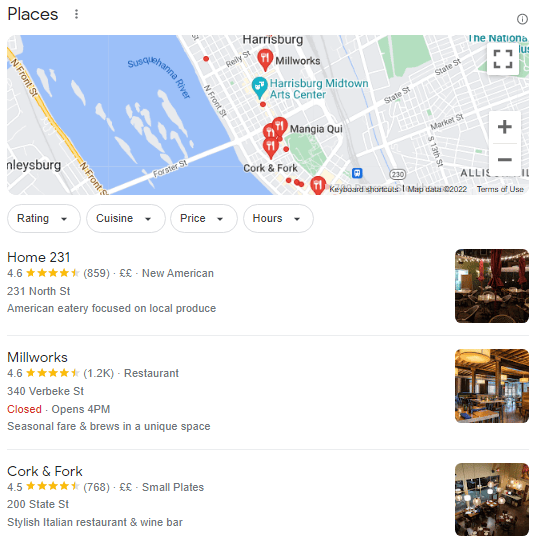 a Google map shows places in harrisburg including cork & fork