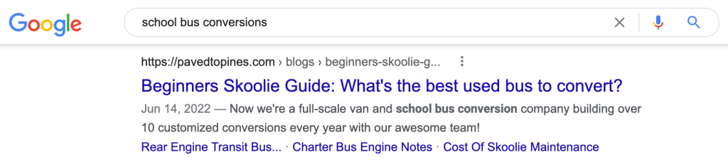 a Google search result for school bus conversions is displayed