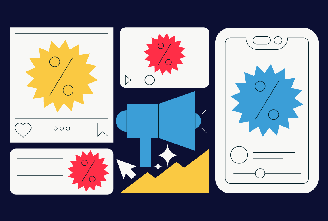 an illustration of a megaphone surrounded by percentages and stars