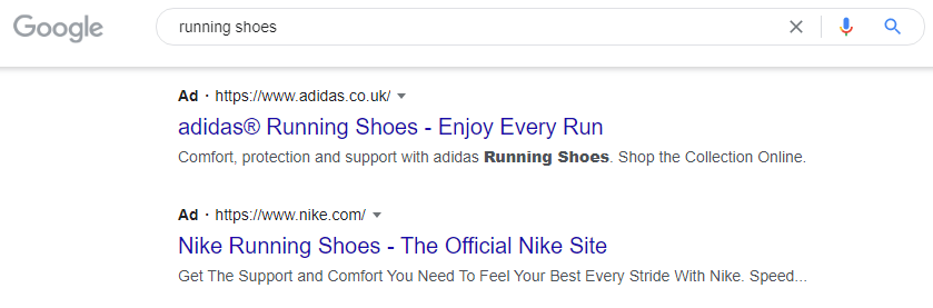 a Google search for running shoes that shows results for adidas and nike running shoes