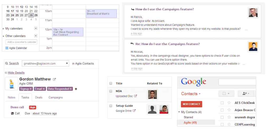 AgileCRM dashboard screenshot showing Google CRM integration capabilities