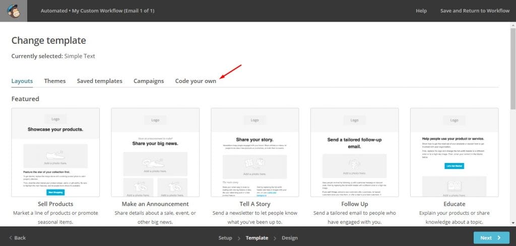 a screenshot of a Mailchimp page that says change template