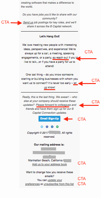 a screenshot of an email with all the CTA labeled with red arrows