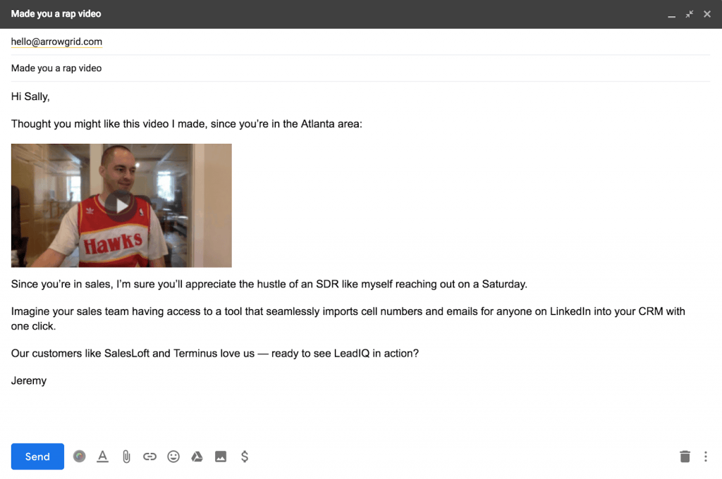 an email with a picture of a man wearing a hawks jersey