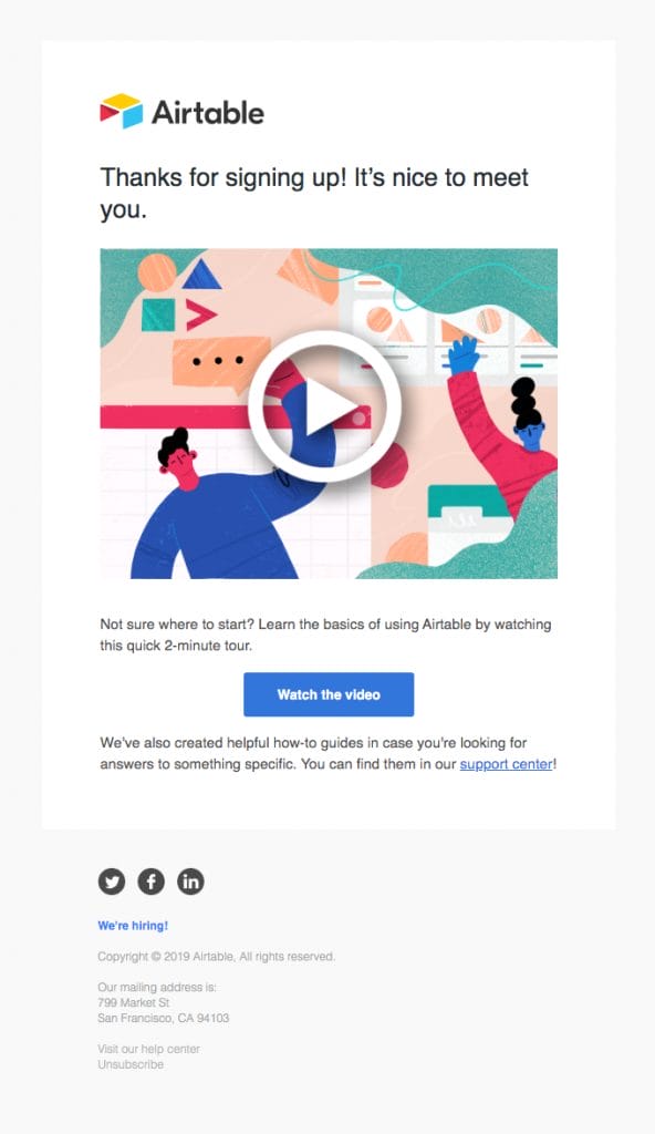 an email from airtable that says thanks for signing up it's nice to meet you