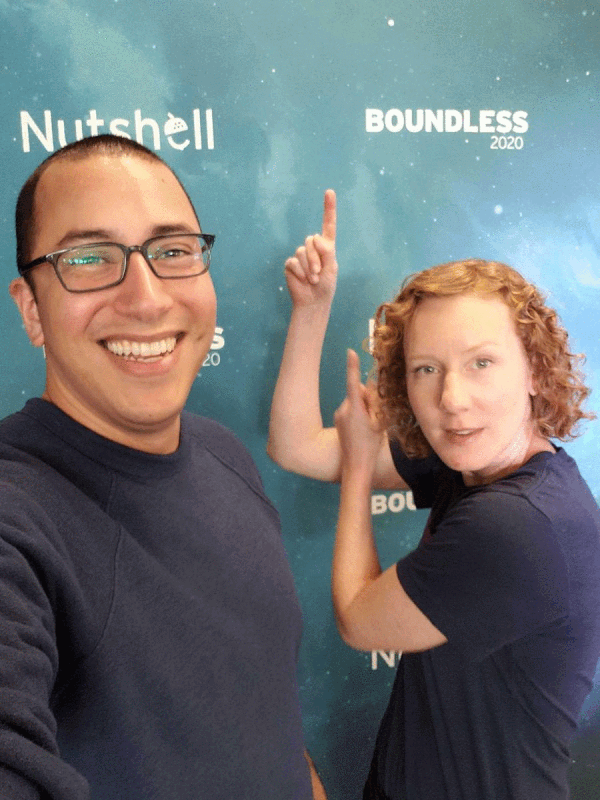 Nutshell members pose in front of a sign that says Nutshell Boundless 2020